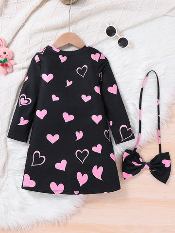 Knitted Loose Casual Cat Print Round Neck Dress And Crossbody Bag For Young Girls
