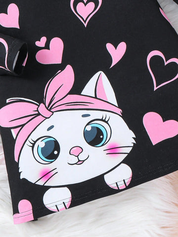 Knitted Loose Casual Cat Print Round Neck Dress And Crossbody Bag For Young Girls