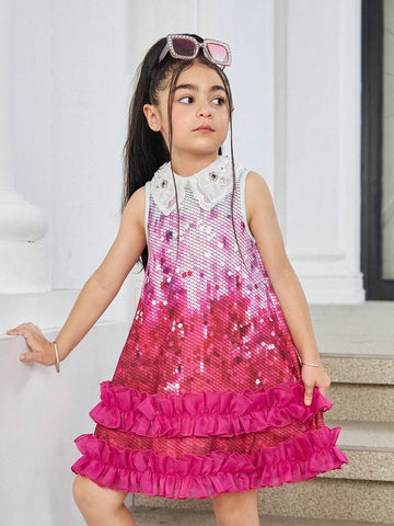 Knitted Pearl-Like Beaded Collar Fitted Casual Dress For Young Girl