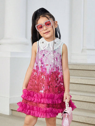 Knitted Pearl-Like Beaded Collar Fitted Casual Dress For Young Girl