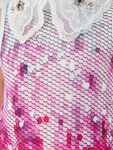 Knitted Pearl-Like Beaded Collar Fitted Casual Dress For Young Girl