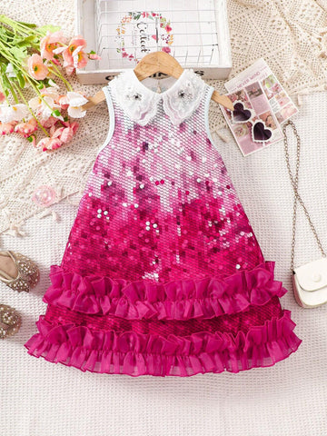 Knitted Pearl-Like Beaded Collar Fitted Casual Dress For Young Girl