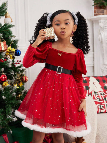 Knitted Solid Color Puff Sleeve Splice Mesh Bodycon Dress For Young Girls