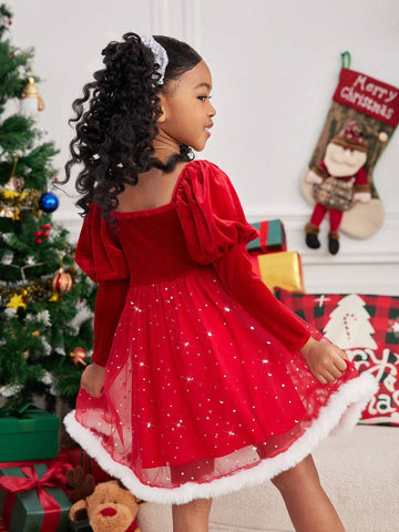 Knitted Solid Color Puff Sleeve Splice Mesh Bodycon Dress For Young Girls