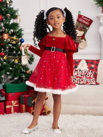 Knitted Solid Color Puff Sleeve Splice Mesh Bodycon Dress For Young Girls