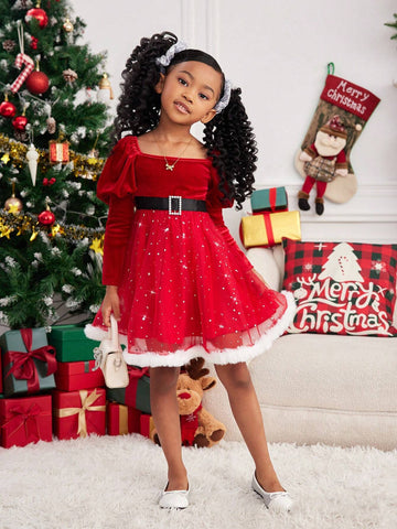 Knitted Solid Color Puff Sleeve Splice Mesh Bodycon Dress For Young Girls