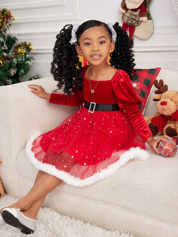 Knitted Solid Color Puff Sleeve Splice Mesh Bodycon Dress For Young Girls