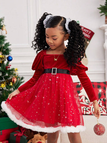 Knitted Solid Color Puff Sleeve Splice Mesh Bodycon Dress For Young Girls