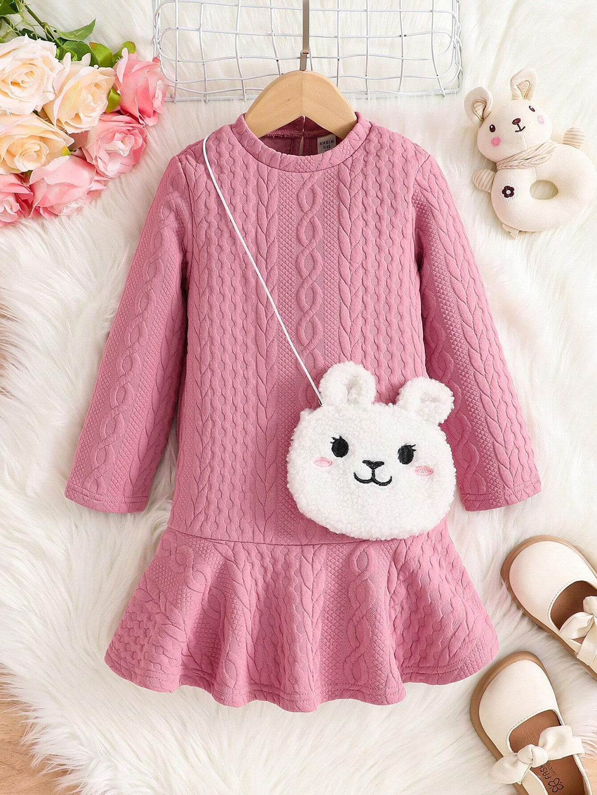 Knitted Solid Color Round Neck Fitted Casual Dress With Cross Body Bag, For Young Girl
