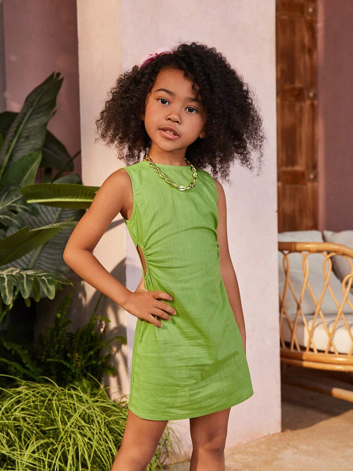 Knitted Solid Color Round Neck Sleeveless Side Hollow Out Bodycon Dress For Young Girls