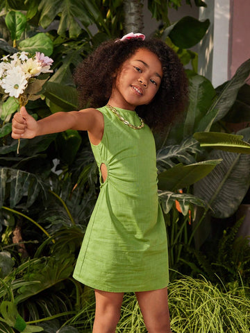 Knitted Solid Color Round Neck Sleeveless Side Hollow Out Bodycon Dress For Young Girls