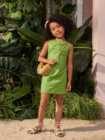 Knitted Solid Color Round Neck Sleeveless Side Hollow Out Bodycon Dress For Young Girls