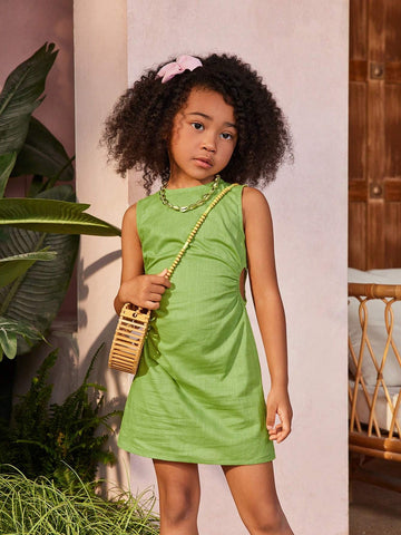 Knitted Solid Color Round Neck Sleeveless Side Hollow Out Bodycon Dress For Young Girls