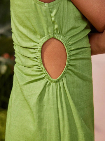 Knitted Solid Color Round Neck Sleeveless Side Hollow Out Bodycon Dress For Young Girls