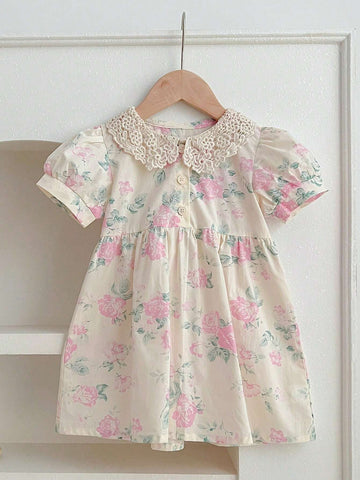 Korean-Style Girls' Pink Floral Puff Sleeve Dress With Lace Collar