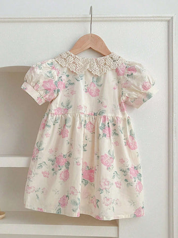 Korean-Style Girls' Pink Floral Puff Sleeve Dress With Lace Collar