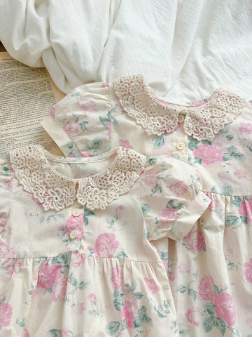 Korean-Style Girls' Pink Floral Puff Sleeve Dress With Lace Collar