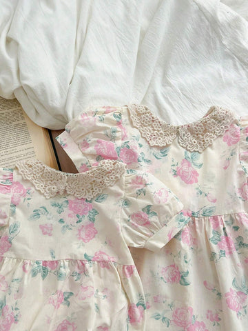 Korean-Style Girls' Pink Floral Puff Sleeve Dress With Lace Collar
