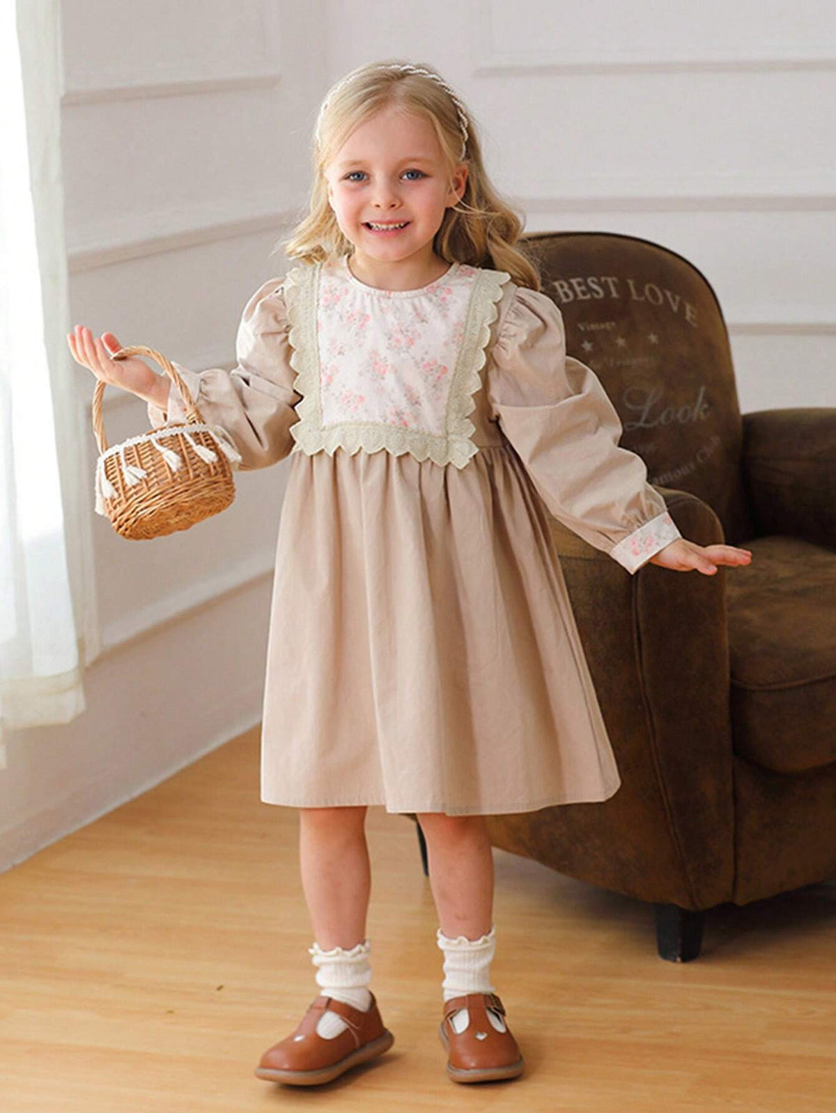 Korean Style Girls Floral Lace Trim Color Block Long Sleeve Dress, Nature Style, Autumn/Winter