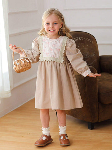 Korean Style Girls Floral Lace Trim Color Block Long Sleeve Dress, Nature Style, Autumn/Winter