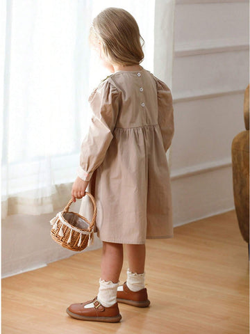 Korean Style Girls Floral Lace Trim Color Block Long Sleeve Dress, Nature Style, Autumn/Winter