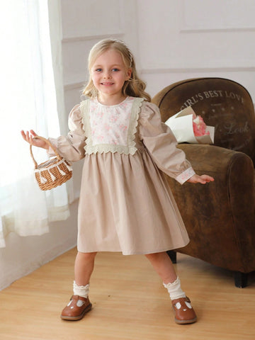 Korean Style Girls Floral Lace Trim Color Block Long Sleeve Dress, Nature Style, Autumn/Winter
