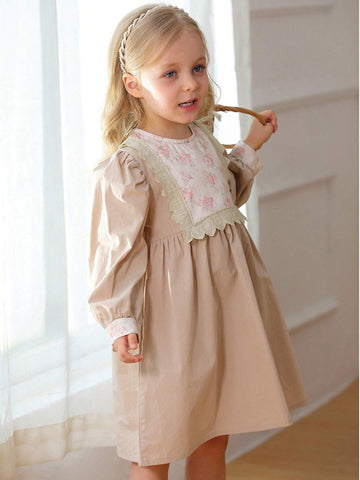 Korean Style Girls Floral Lace Trim Color Block Long Sleeve Dress, Nature Style, Autumn/Winter