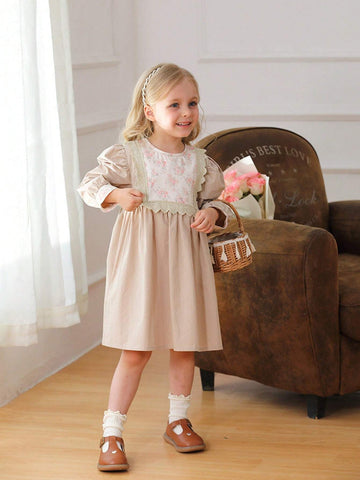 Korean Style Girls Floral Lace Trim Color Block Long Sleeve Dress, Nature Style, Autumn/Winter