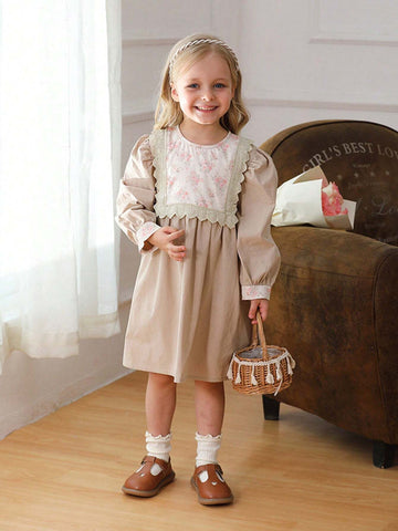 Korean Style Girls Floral Lace Trim Color Block Long Sleeve Dress, Nature Style, Autumn/Winter
