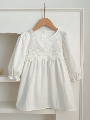Korean Style Loose White Adorable Round Neck Ruffle Sleeve Schiffy Panel Dress For Young Girls