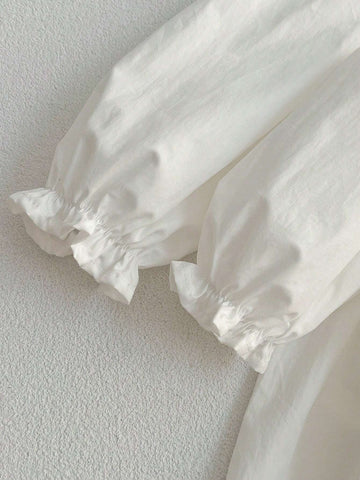 Korean Style Loose White Adorable Round Neck Ruffle Sleeve Schiffy Panel Dress For Young Girls