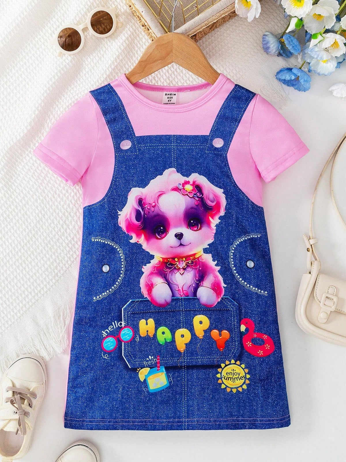 Korean Style Toddler Girls Cartoon Puppy Short Sleeve Princess Dress, Summer