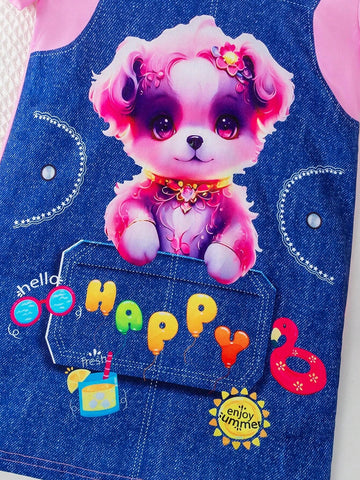 Korean Style Toddler Girls Cartoon Puppy Short Sleeve Princess Dress, Summer