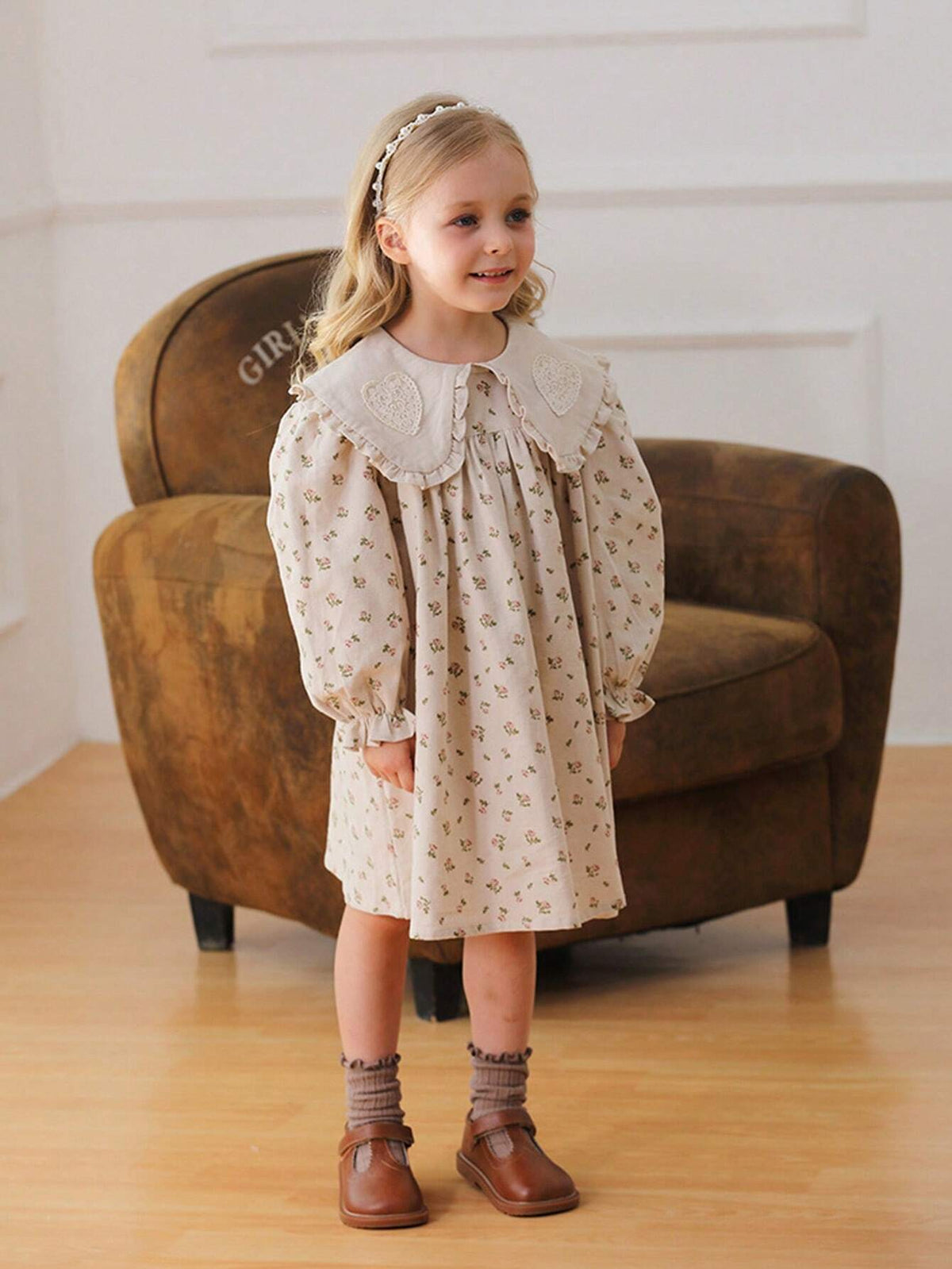 Korean Style Turndown Collar Floral Print Lace Girls Dress, Long Sleeve Sweet Princess Dress For Young Girl Autumn New