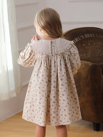 Korean Style Turndown Collar Floral Print Lace Girls Dress, Long Sleeve Sweet Princess Dress For Young Girl Autumn New