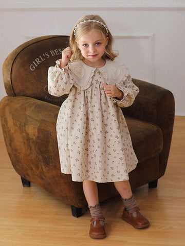 Korean Style Turndown Collar Floral Print Lace Girls Dress, Long Sleeve Sweet Princess Dress For Young Girl Autumn New
