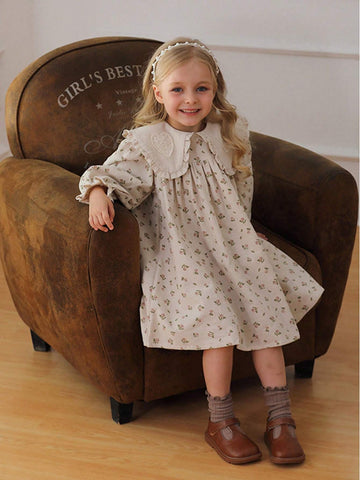 Korean Style Turndown Collar Floral Print Lace Girls Dress, Long Sleeve Sweet Princess Dress For Young Girl Autumn New