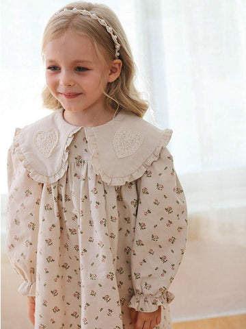 Korean Style Turndown Collar Floral Print Lace Girls Dress, Long Sleeve Sweet Princess Dress For Young Girl Autumn New