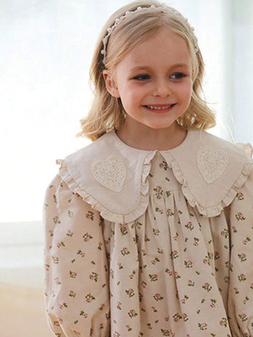 Korean Style Turndown Collar Floral Print Lace Girls Dress, Long Sleeve Sweet Princess Dress For Young Girl Autumn New