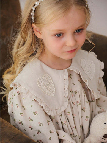 Korean Style Turndown Collar Floral Print Lace Girls Dress, Long Sleeve Sweet Princess Dress For Young Girl Autumn New
