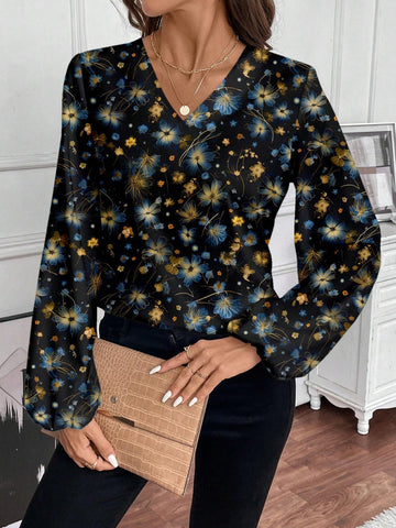 Women's Casual Floral V-Neck Allover Print Long Sleeve Shirt,