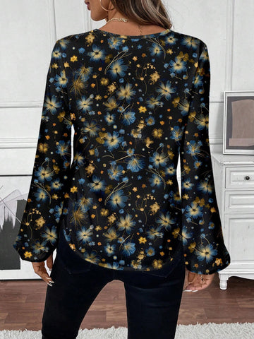Women's Casual Floral V-Neck Allover Print Long Sleeve Shirt,