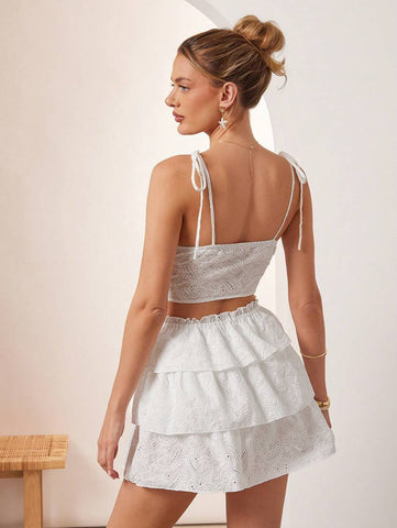 L'Amorae Tiered Ruffle Eyelet Paisley Whie Summer Mini Skirt, Summer Outfits For Women, Beach Outfits For Women