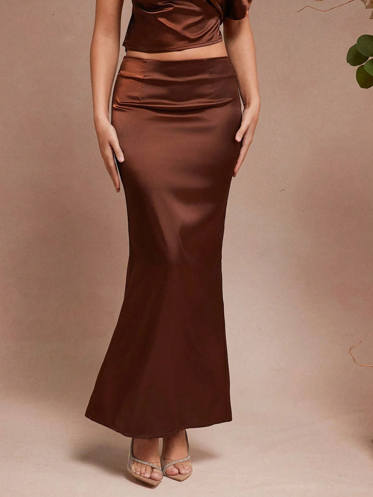 L'Amorae Women Solid Color Low Waist Satin Mermaid Skirt