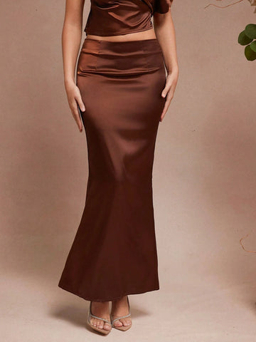 L'Amorae Women Solid Color Low Waist Satin Mermaid Skirt