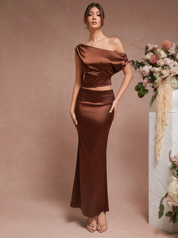 L'Amorae Women Solid Color Low Waist Satin Mermaid Skirt