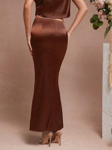 L'Amorae Women Solid Color Low Waist Satin Mermaid Skirt