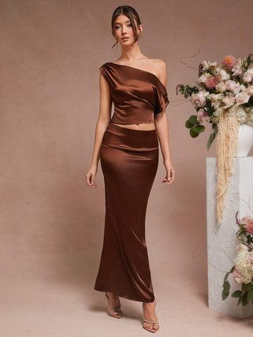 L'Amorae Women Solid Color Low Waist Satin Mermaid Skirt