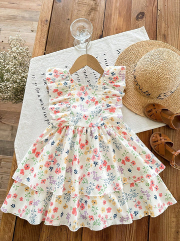 Young Girl Ditsy Floral Ruffle Trim Butterfly Decor Woven Dress
