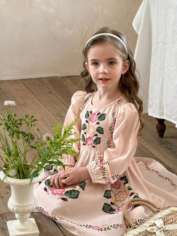 Young Girl Floral Printed Fitted Round Neck Casual Dress